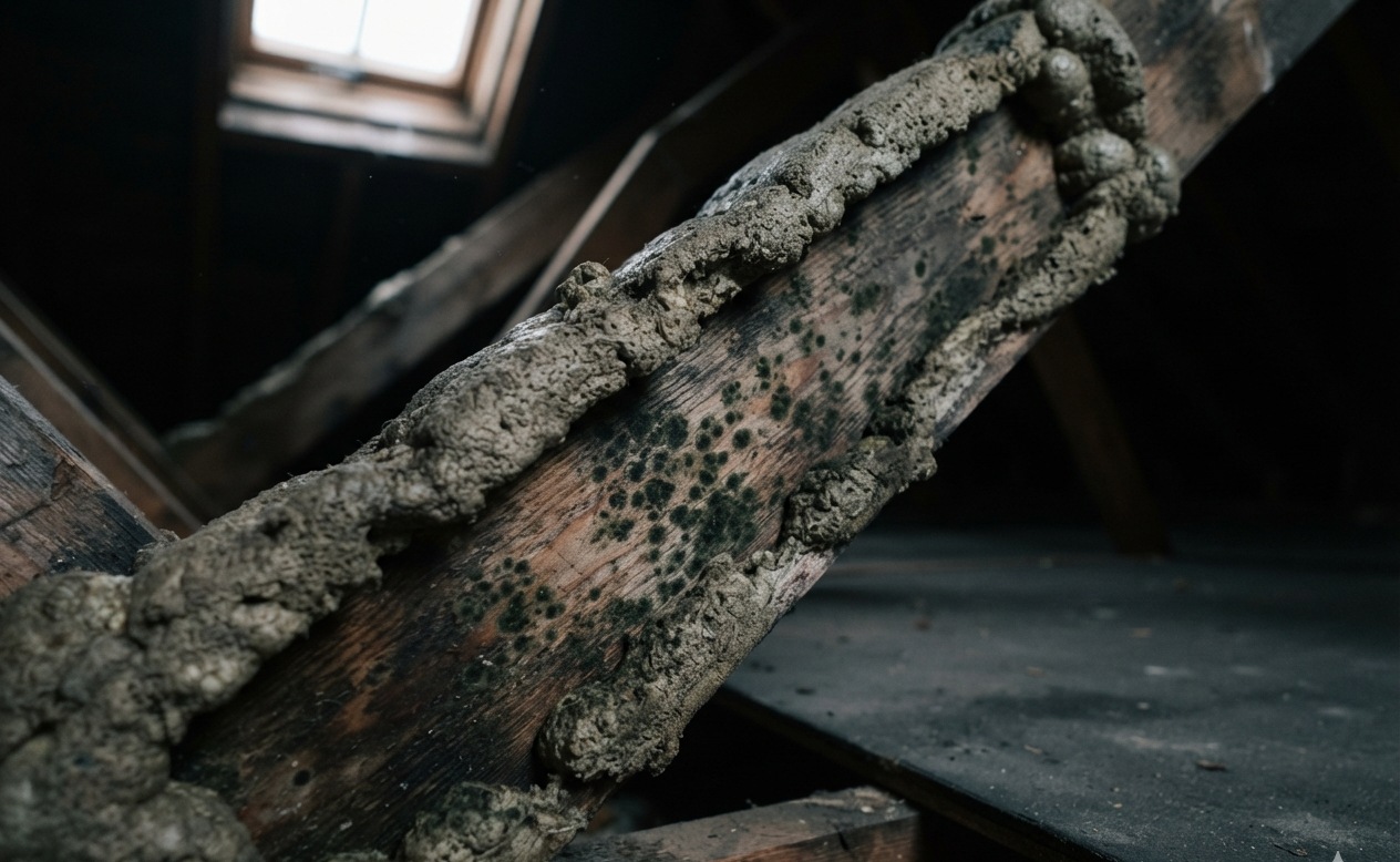 Stained timber where foam has held damp against it.